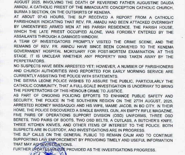 Catholic Priest Found Dead After Apparent Attack in Kenema: Police Launch Full-Scale Investigation