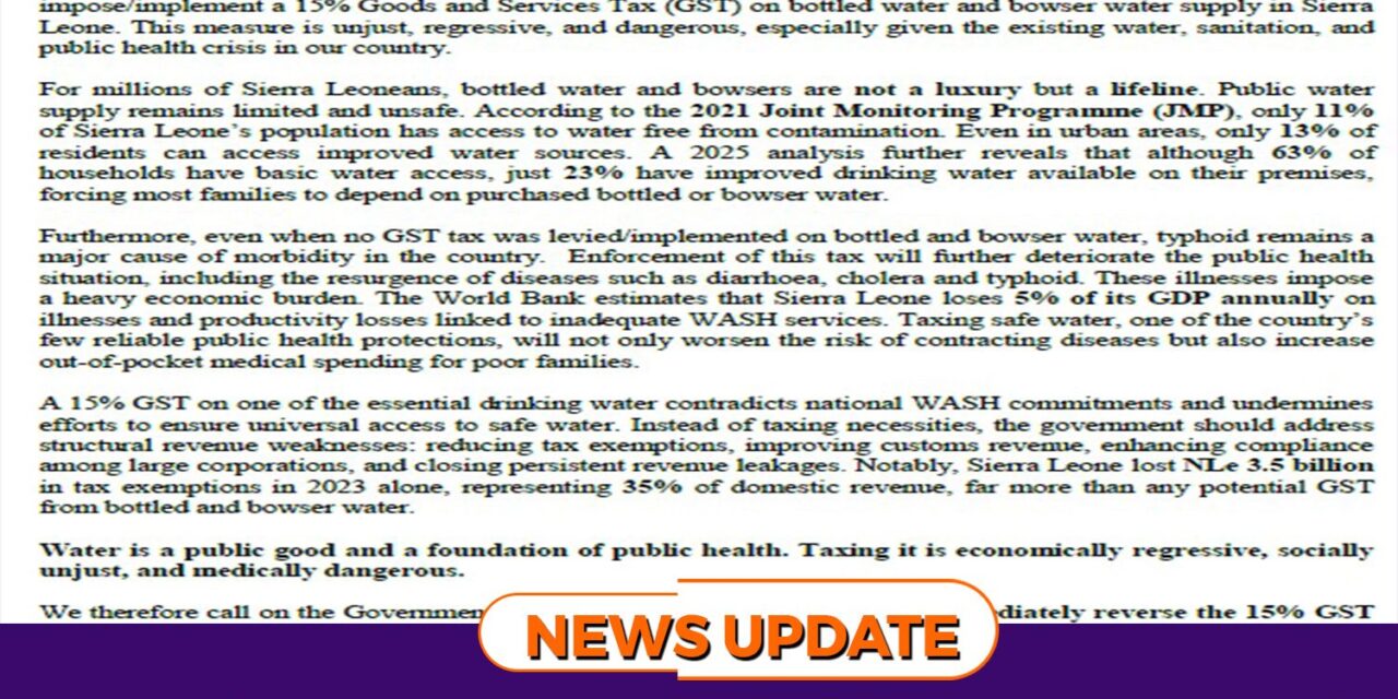 CSO Groups Say 15% GST On Bottled and Bowser Water Is Economically Regressive, Socially Unjust & Medically Dangerous