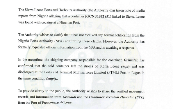   Sierra Leone Ports Authority Responds to Nigerian Cocaine Container Allegation