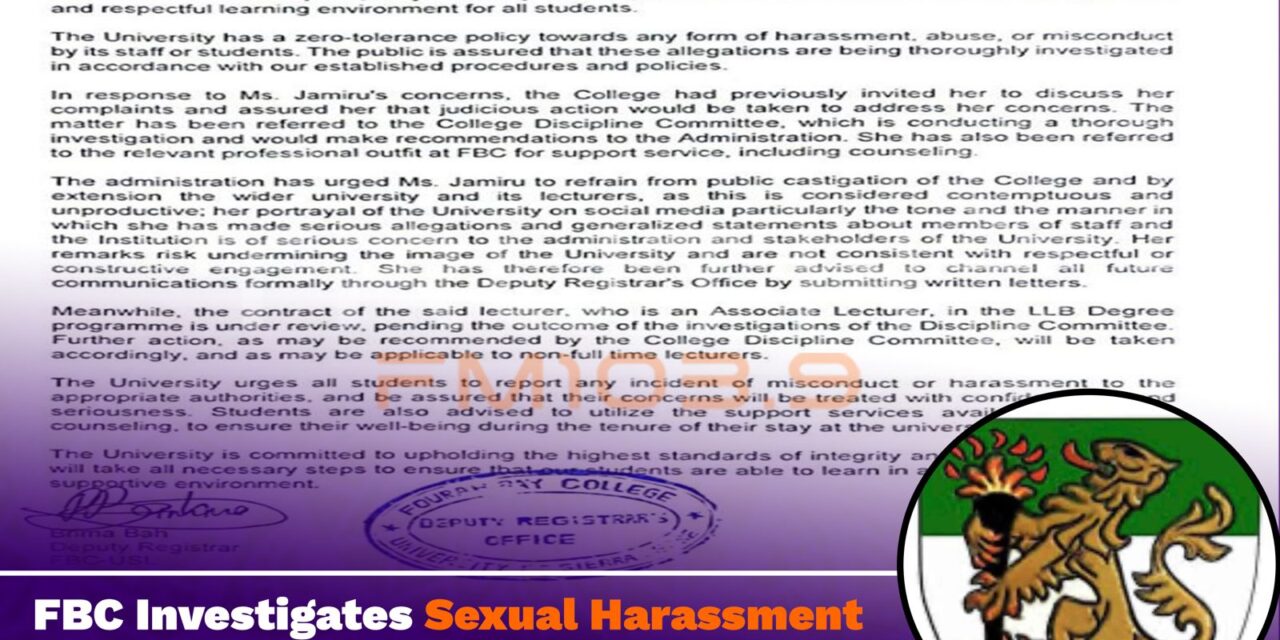 FBC Investigates Sexual Harassment and Corruption Allegations Against Law Lecturer
