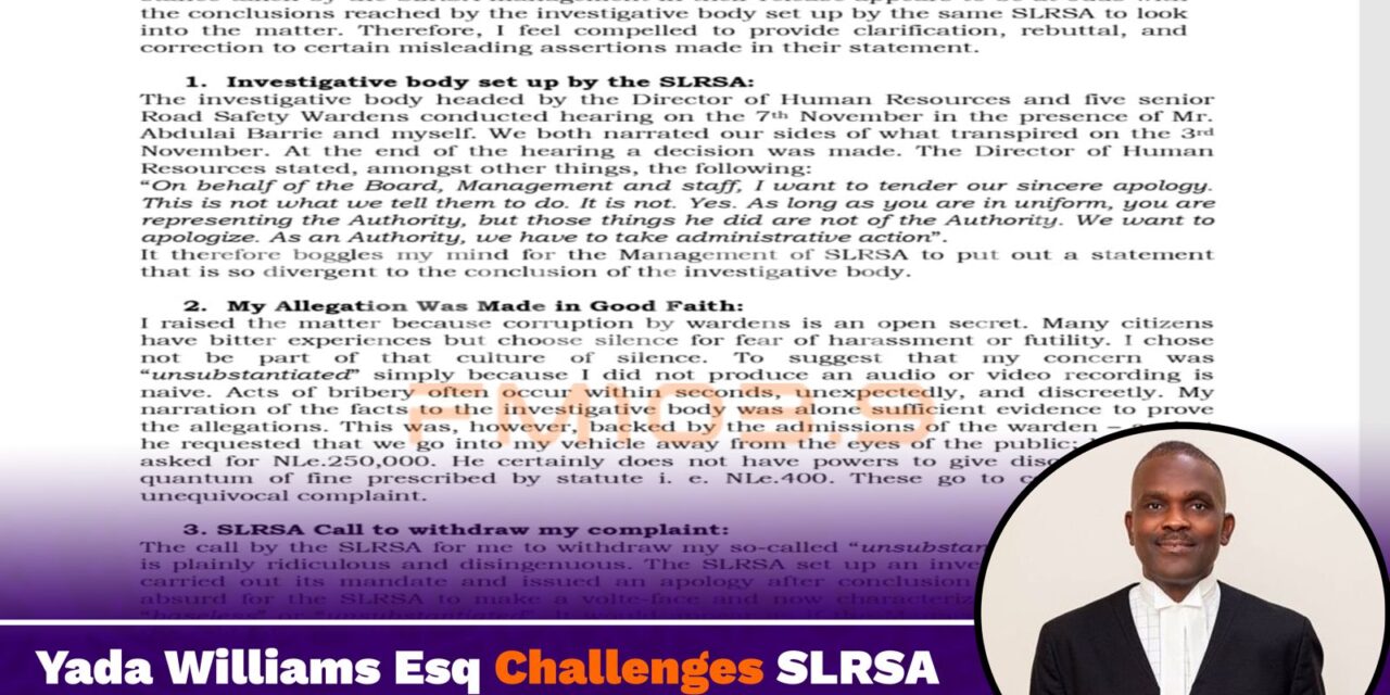 Yada Williams Esq Challenges SLRSA Over Road Warden Bribery Allegation