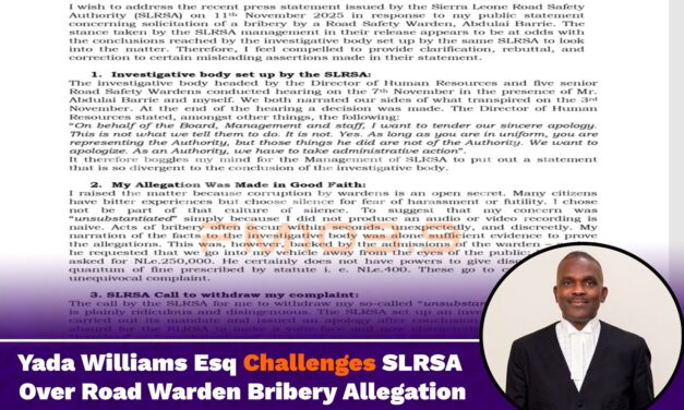 Yada Williams Esq Challenges SLRSA Over Road Warden Bribery Allegation