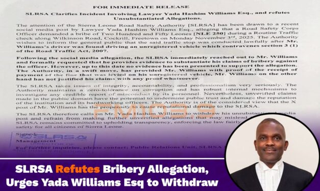 SLRSA Refutes Bribery Allegation, Urges Yada Williams Esq to Withdraw Social Media Claim
