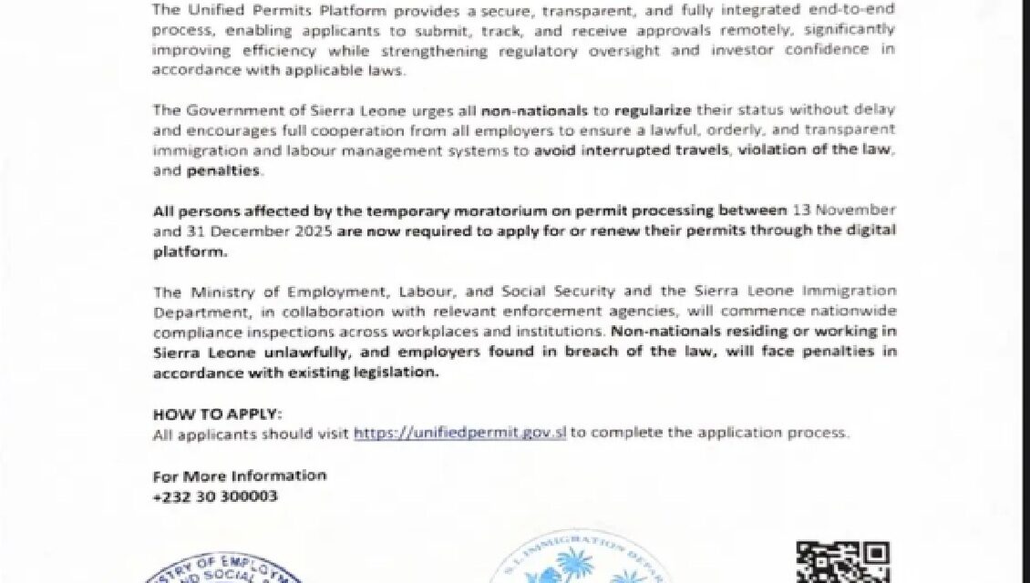 Sierra Leone Launches Unified Digital Platform for Resident and Work Permits
