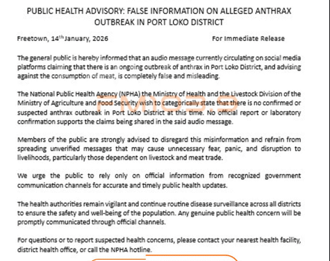 Government Dismisses False Claims of Anthrax Outbreak in Port Loko
