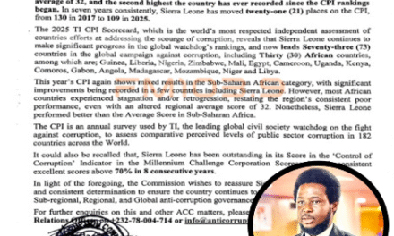 Sierra Leone Climbs Five Places in Global Corruption Rankings