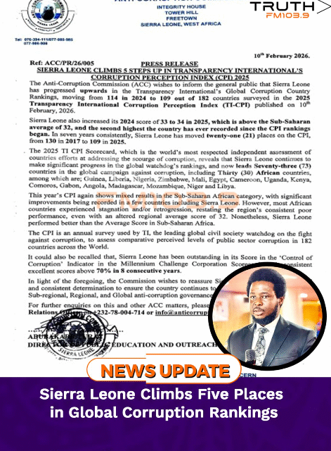 Sierra Leone Climbs Five Places in Global Corruption Rankings