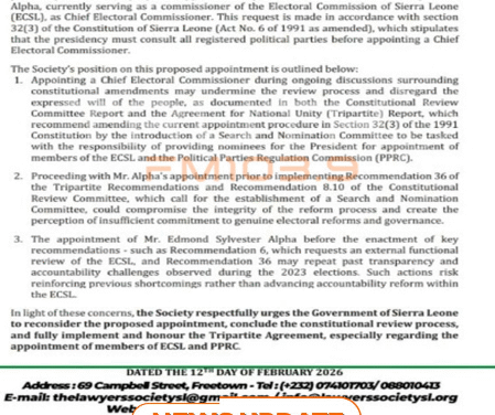 Lawyers’ Society Condemns Proposed Appointment of Edmond Alpha as Chief Electoral Commissioner