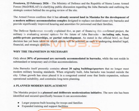 RSLAF Confirms Masiaka Military Housing Project, Reviews Future of Juba Barracks