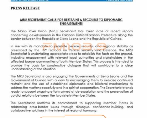 MRU Secretariat Urges Restraint and Diplomacy in Sierra Leone-Guinea Border Tensions
