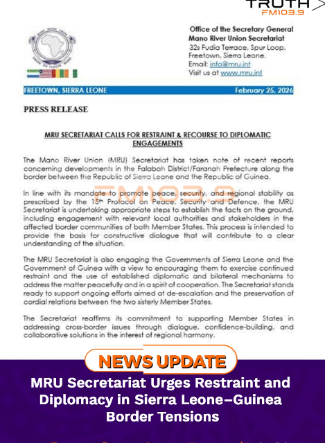MRU Secretariat Urges Restraint and Diplomacy in Sierra Leone-Guinea Border Tensions