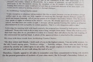 Archbishop Urges Dialogue as St Joseph’s Alumnae Resolve Dress Code Dispute