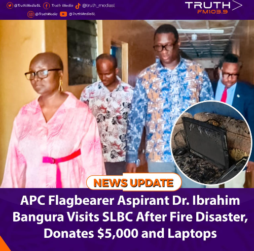 APC Flagbearer Aspirant Dr. Ibrahim Bangura Visits SLBC After Fire Disaster, Donates $5,000 and Laptops