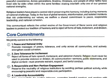 Interfaith Communiqué Strengthens Sierra Leone’s Commitment to Peaceful Coexistence