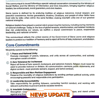 Interfaith Communiqué Strengthens Sierra Leone’s Commitment to Peaceful Coexistence