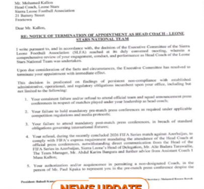 Mohamed Kallon Sacked for ‘Repeated Breaches of Administrative and Regulatory Obligations’ -SLFA Says