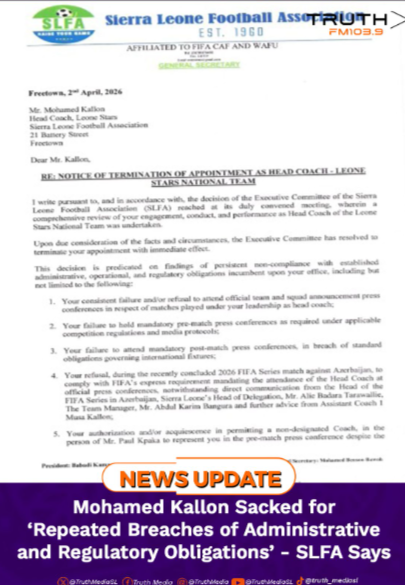 Mohamed Kallon Sacked for ‘Repeated Breaches of Administrative and Regulatory Obligations’ -SLFA Says