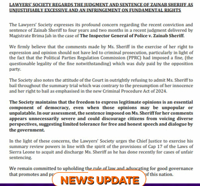 Lawyers’ Society Condemns Zainab Sheriff Sentence, Urges Chief Justice to Intervene