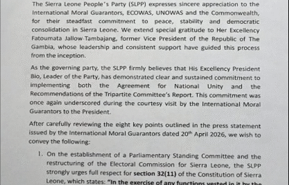 SLPP Commends Moral Guarantors, Warns Against Undermining Electoral Independence