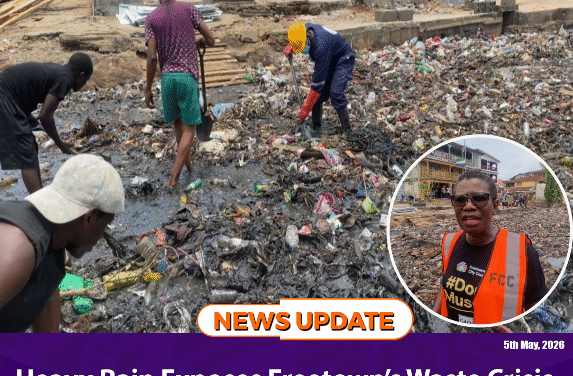 Heavy Rain Exposes Freetown’s Waste Crisis as Flooding Disrupts Traffic at Portee Brima Lane