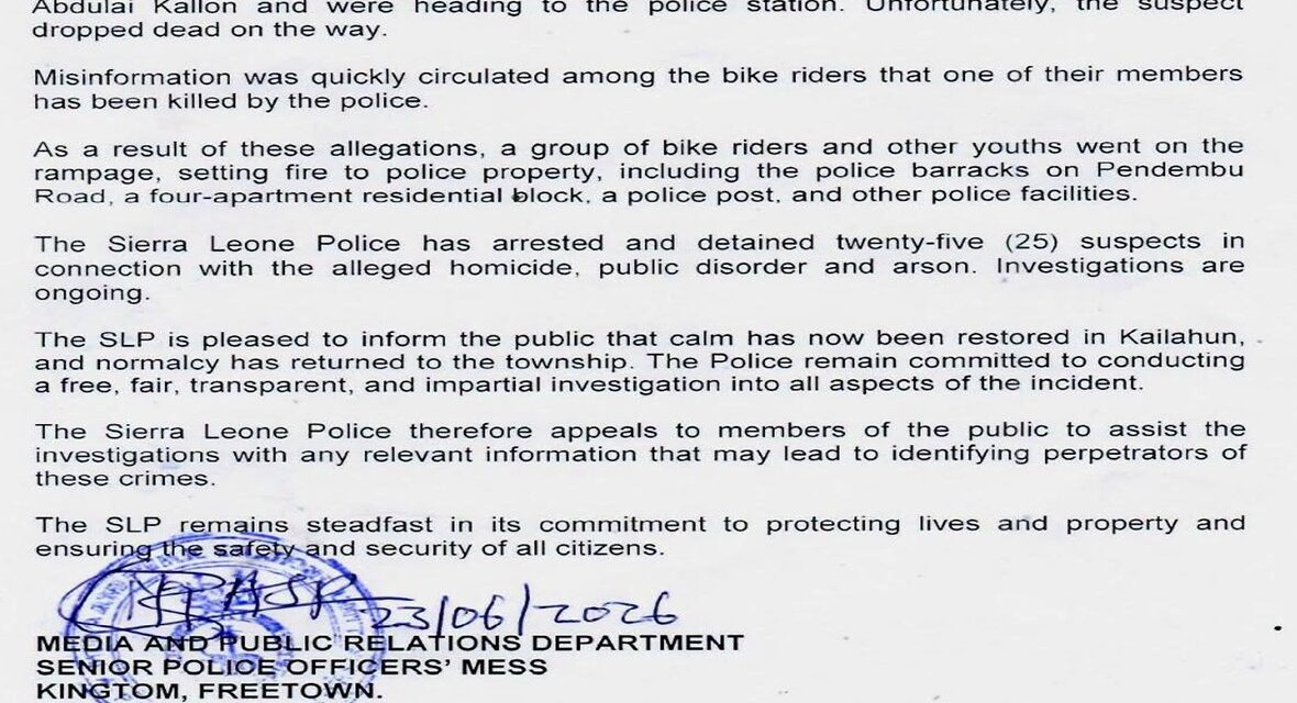 Police Confirm 25 Arrests After Kailahun Unrest Following Bike Rider’s Death