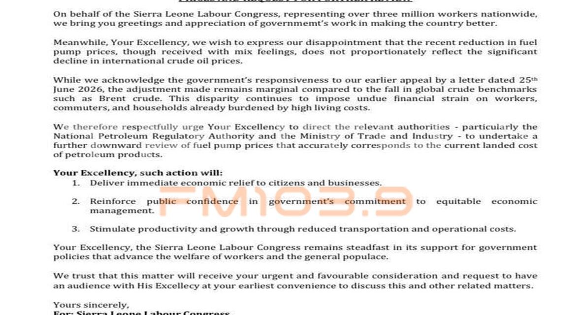 Labour Congress Expresses Disappointment Over “Insufficient” Fuel Price Reduction, Calls For Further Downward Review