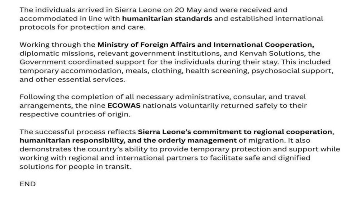 Sierra Leone Facilitates Safe Return of Nine ECOWAS Nationals