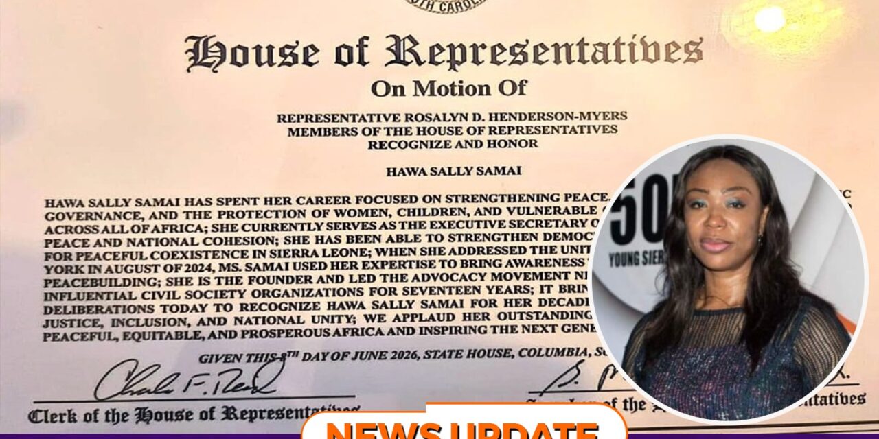 South Carolina House of Representatives Honour Hawa Sally Samai for Peacebuilding Excellence
