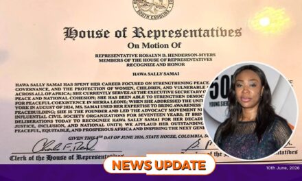 South Carolina House of Representatives Honour Hawa Sally Samai for Peacebuilding Excellence