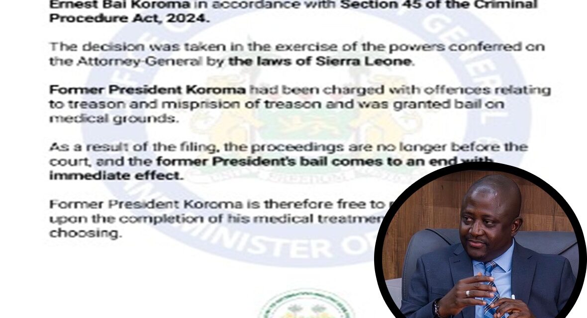 Government Drops Treason Charges Against Former President Koroma