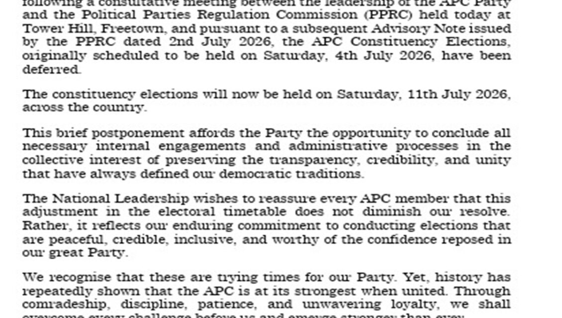 APC Defers Constituency Elections After Consultations