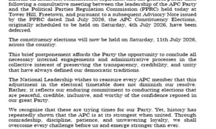 APC Defers Constituency Elections After Consultations