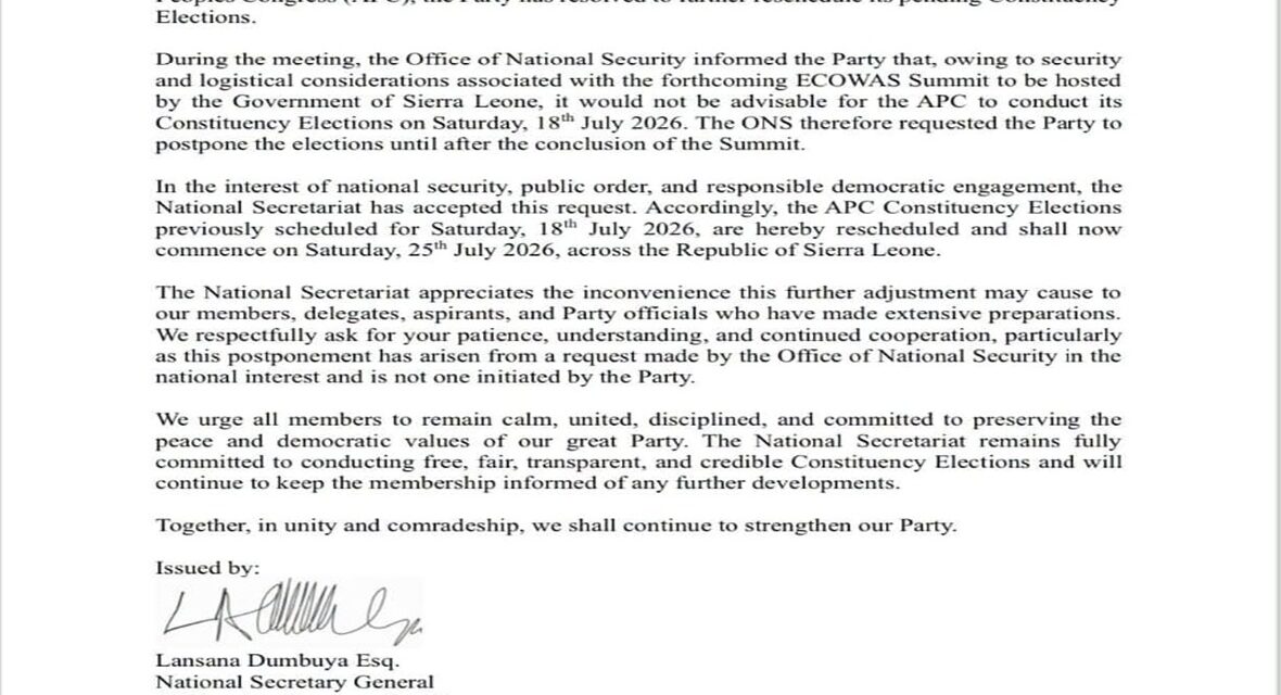 APC Constituency Elections Rescheduled Amidst Security Concerns Over ECOWAS Summit