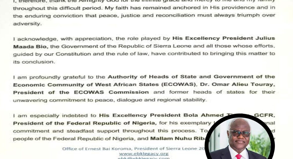 Former President Koroma Welcomes Discontinuance of Treason-Related Charges Against Him