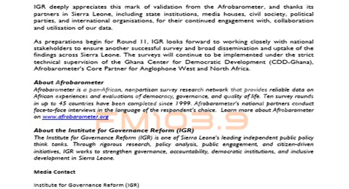 IGR Reappointed as Afrobarometer Partner in Sierra Leone