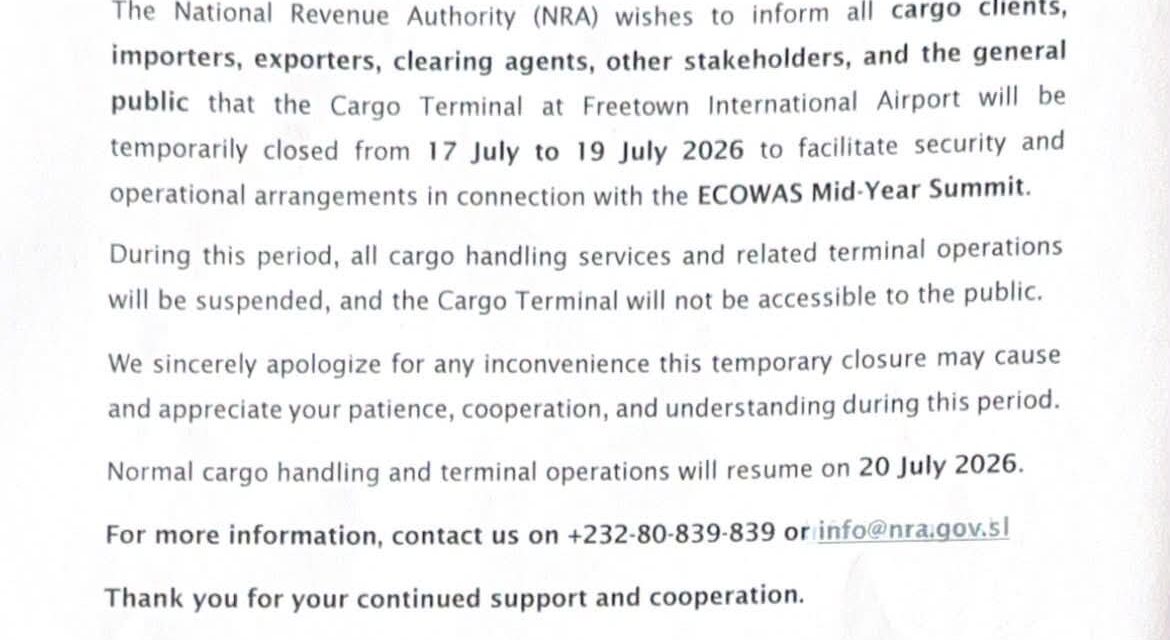 PUBLIC NOTICE- TEMPORARY CLOSURE OF THE CARGO TERMINAL (17-19 JULY 2026)