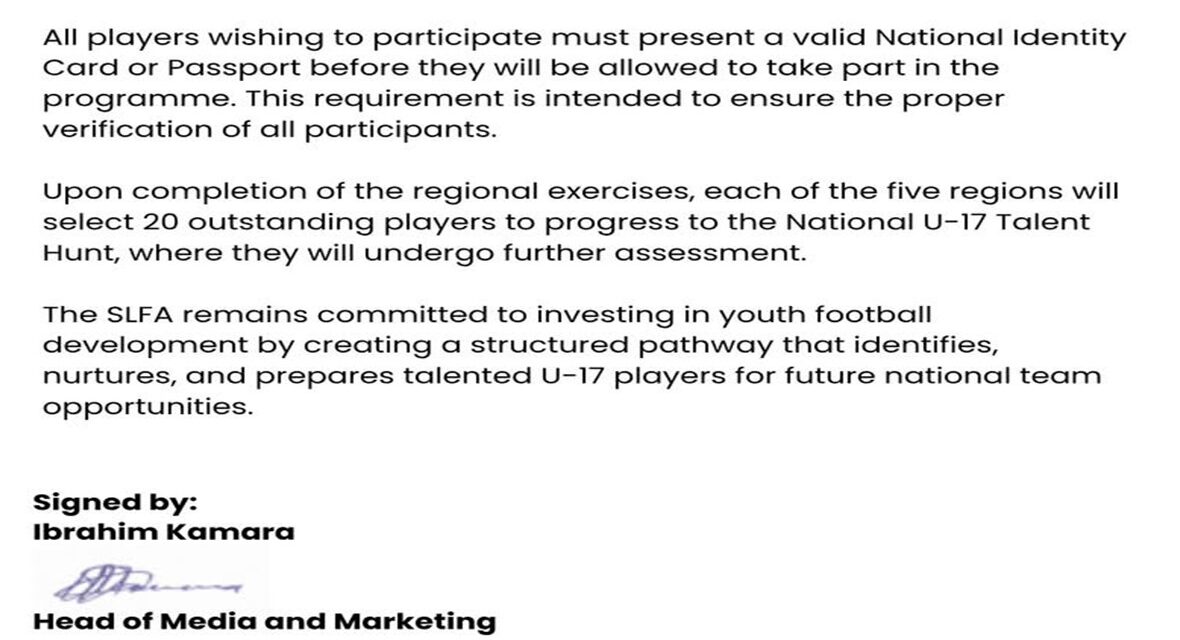 SLFA Rolls Out Nationwide Under-17 Talent Hunt