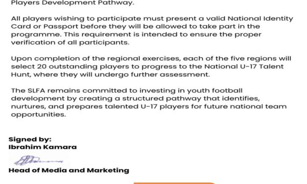 SLFA Rolls Out Nationwide Under-17 Talent Hunt