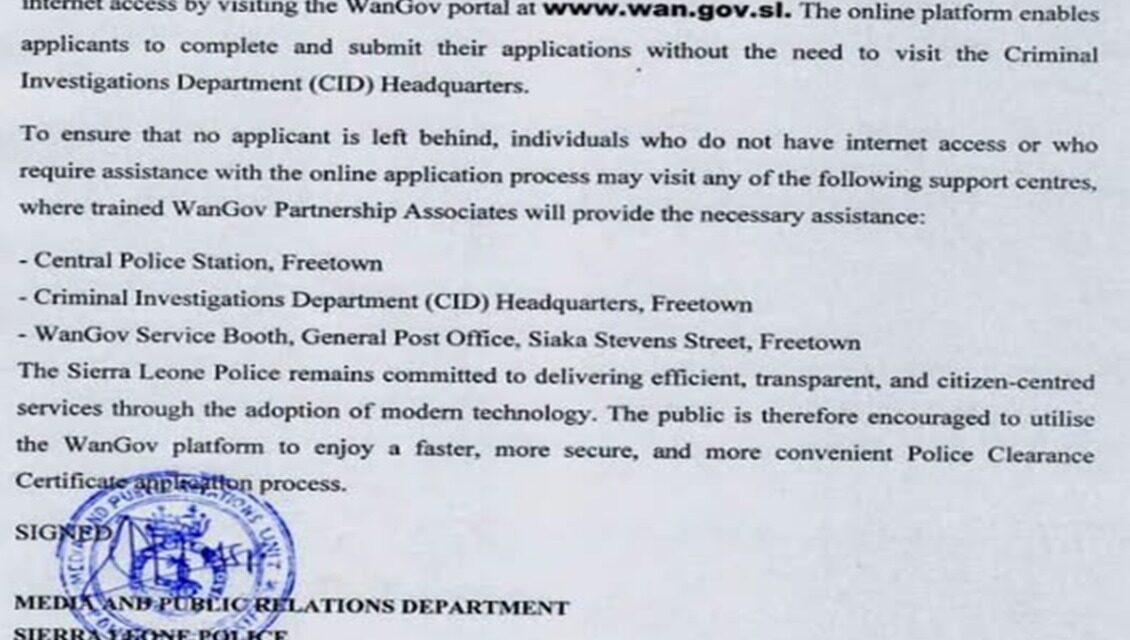 Sierra Leone Police Moves Clearance Certificate Applications Fully Online