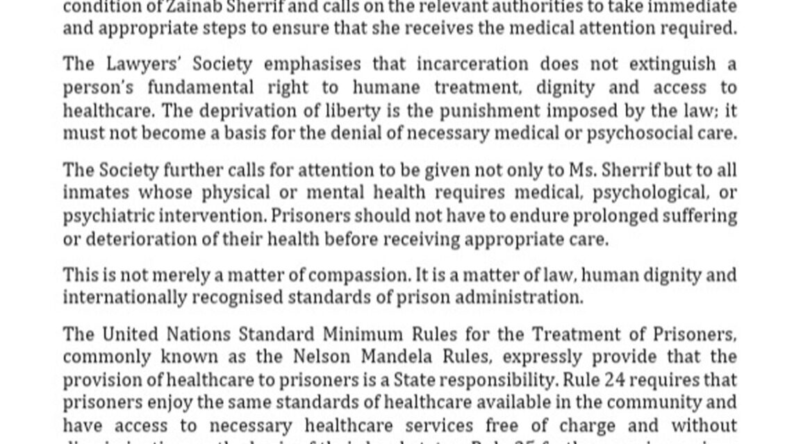 Lawyers’ Society Calls for Urgent Medical and Psychosocial Care for Zainab Sheriff and Other Inmates in Need