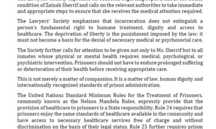Lawyers’ Society Calls for Urgent Medical and Psychosocial Care for Zainab Sheriff and Other Inmates in Need