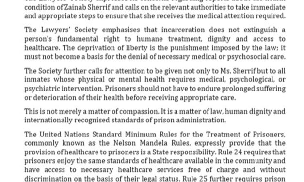 Lawyers’ Society Calls for Urgent Medical and Psychosocial Care for Zainab Sheriff and Other Inmates in Need