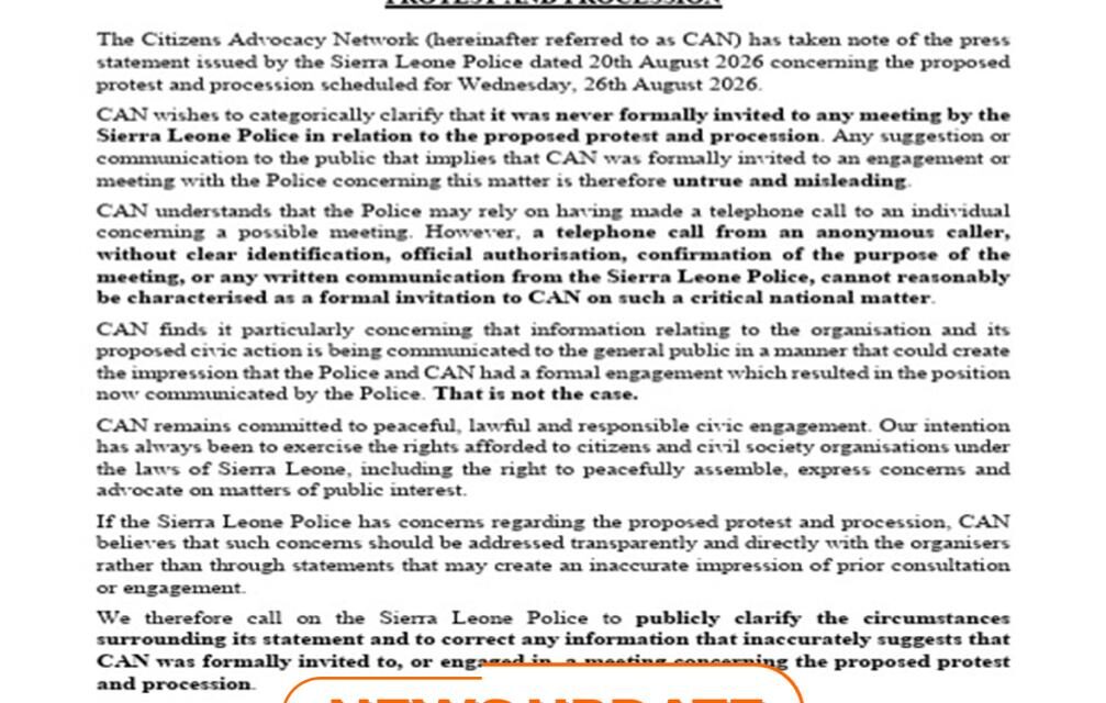 Citizens Advocacy Network Denies Police Claim of Formal Engagement Over Planned Protest