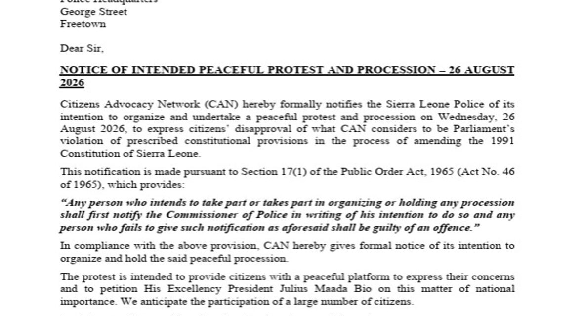 Citizens Advocacy Network Notifies Police About Planned Peaceful Protest Over Constitutional Amendment