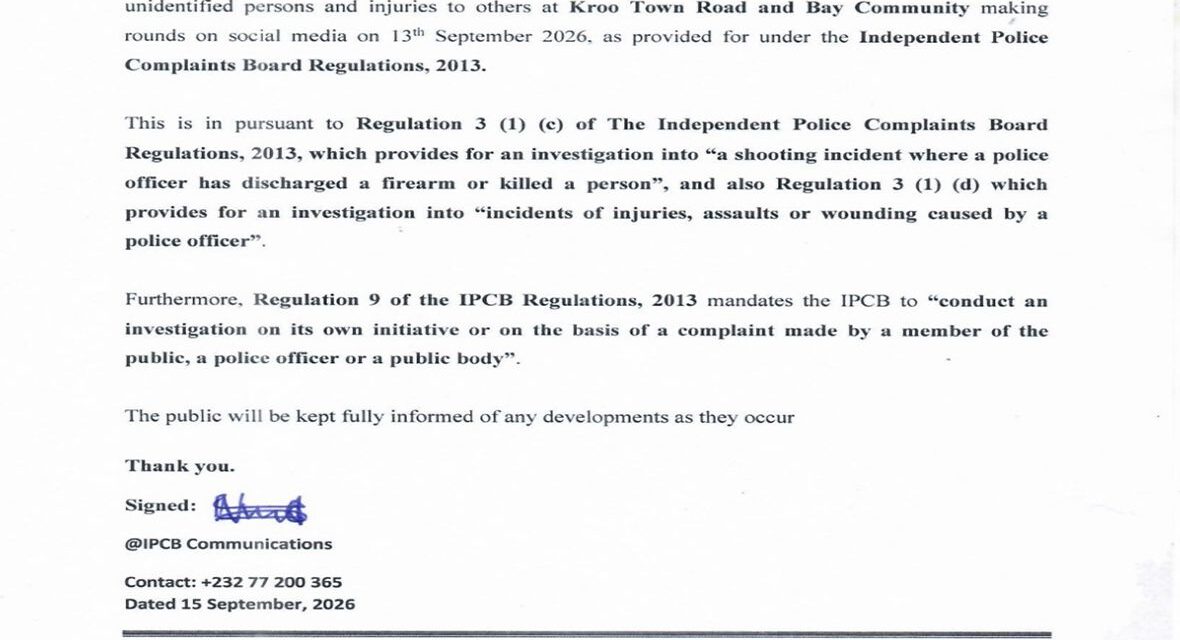 IPCB Launches Probe into Alleged Shooting Incident at Kroo Town Road