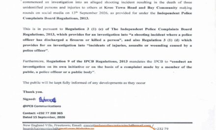 IPCB Launches Probe into Alleged Shooting Incident at Kroo Town Road
