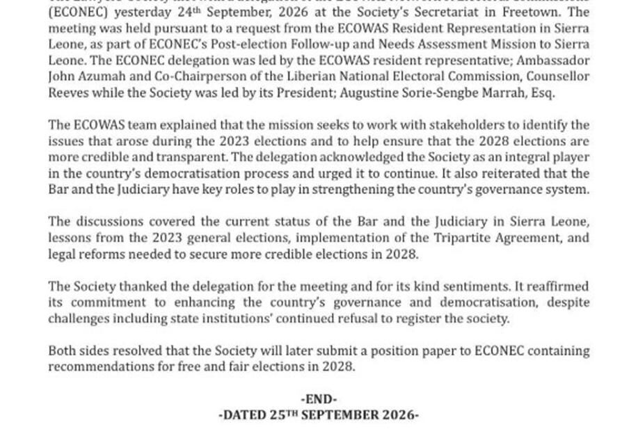 Lawyers’ Society, ECOWAS Electoral Network Discuss Reforms Ahead of 2028 Polls