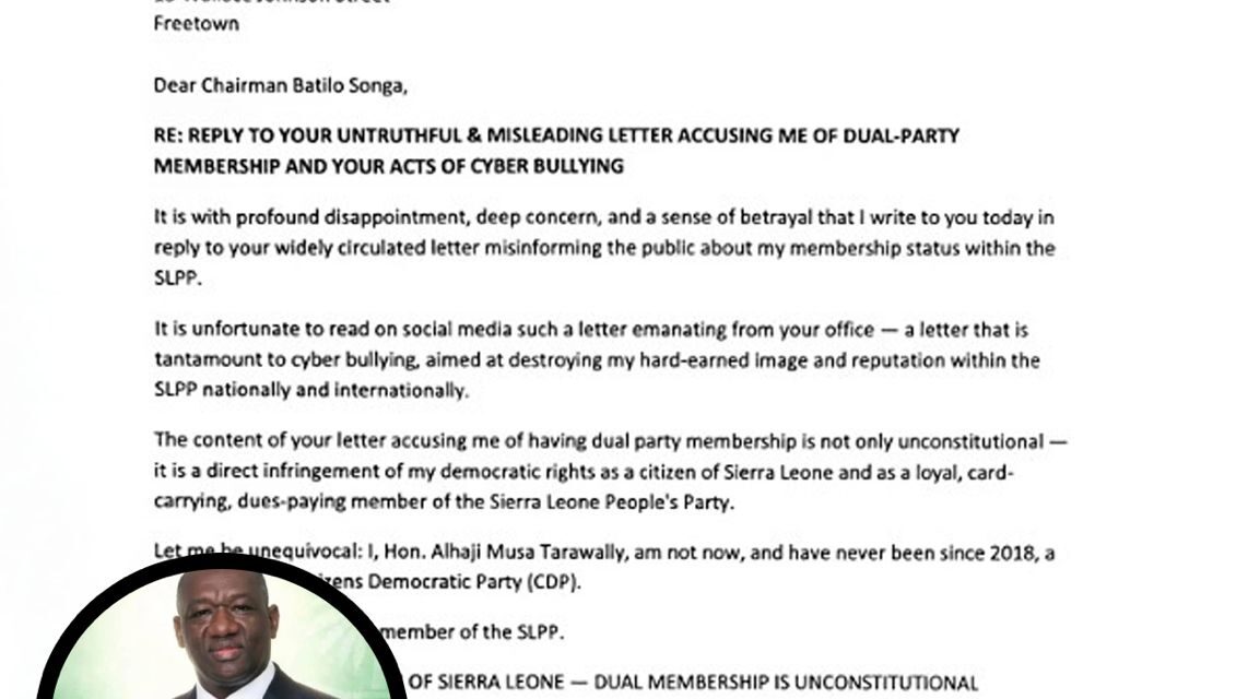 Hon Musa Tarawally Rejects SLPP Chairman’s Dual Membership Allegations, Threatens Legal Action