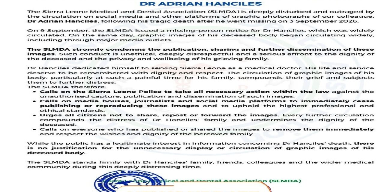 SLMDA Condemns Circulation of Graphic Images of Late Dr. Adrian Hanciles