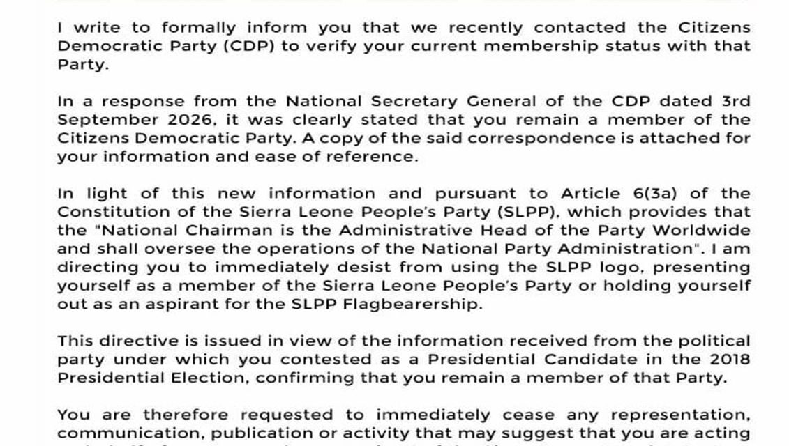 SLPP Orders Hon. Musa Tarawally to Cease Party Representation After CDP Confirmation